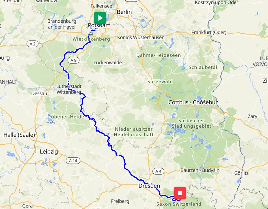Potsdam to Bad Schandau map