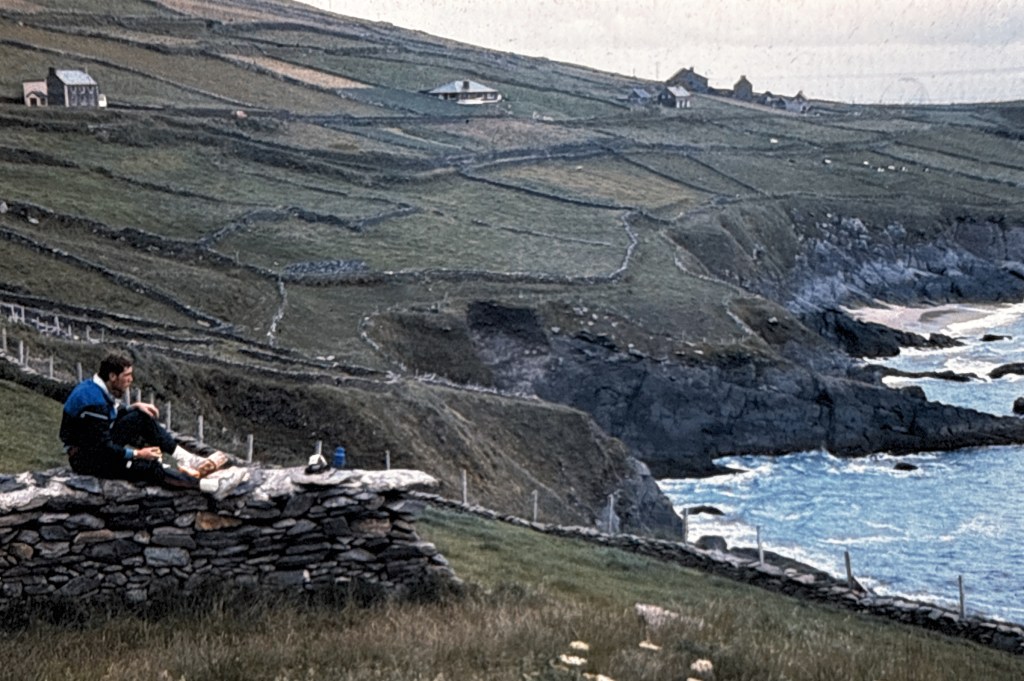 eating lunch on rock wall