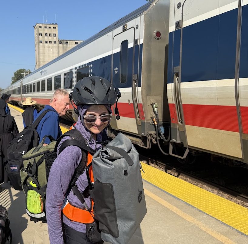 A pack in the front, a pack in the back, and a bike in hand. We're ready to board the train in Warrensburg.